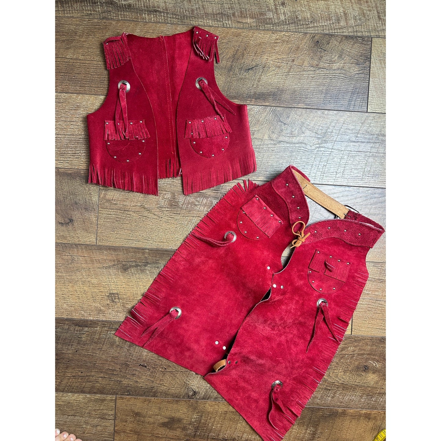vintage sears suede red fringe rodeo western vest/ chap set 2-4T
