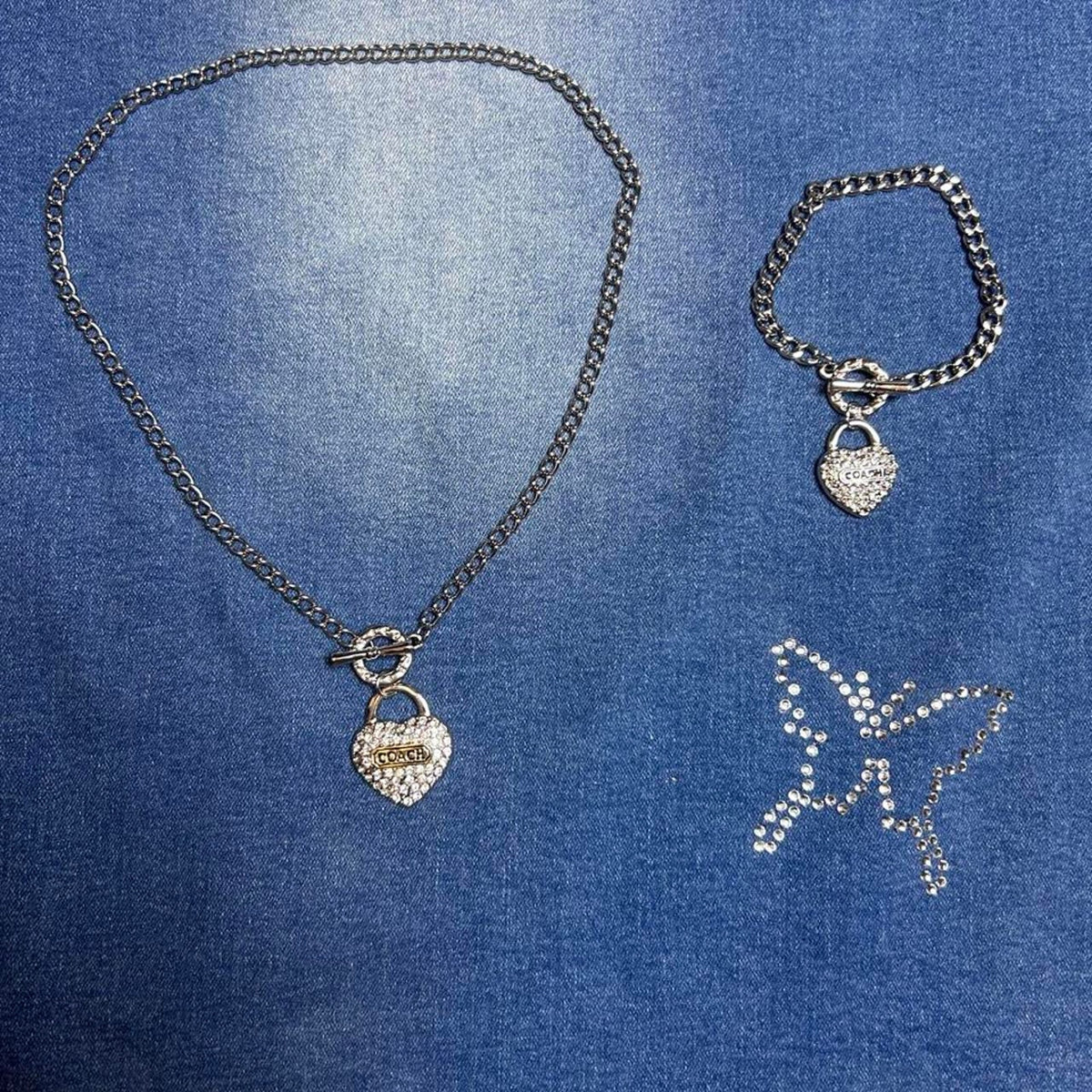 Vintage Coach Silver Heart Necklace & Bracelet Set Y2K Designer Jewelry