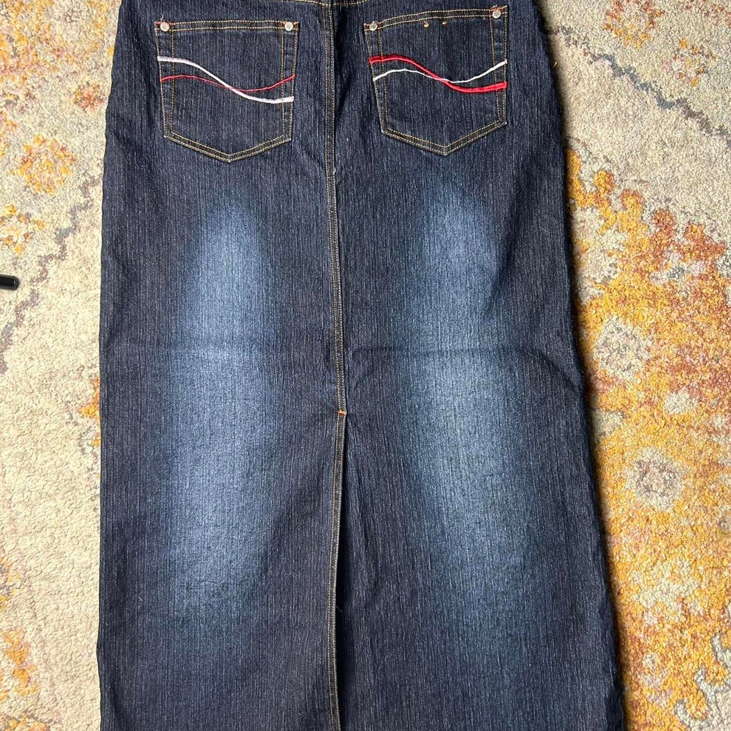 Goddess trend size 30x36 dark wash faded denim maxi skirt