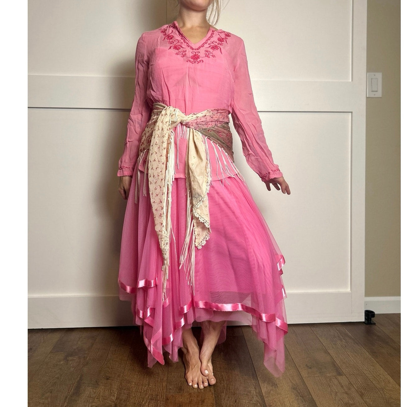 AML pink silk sheer embroidered fairy top size s