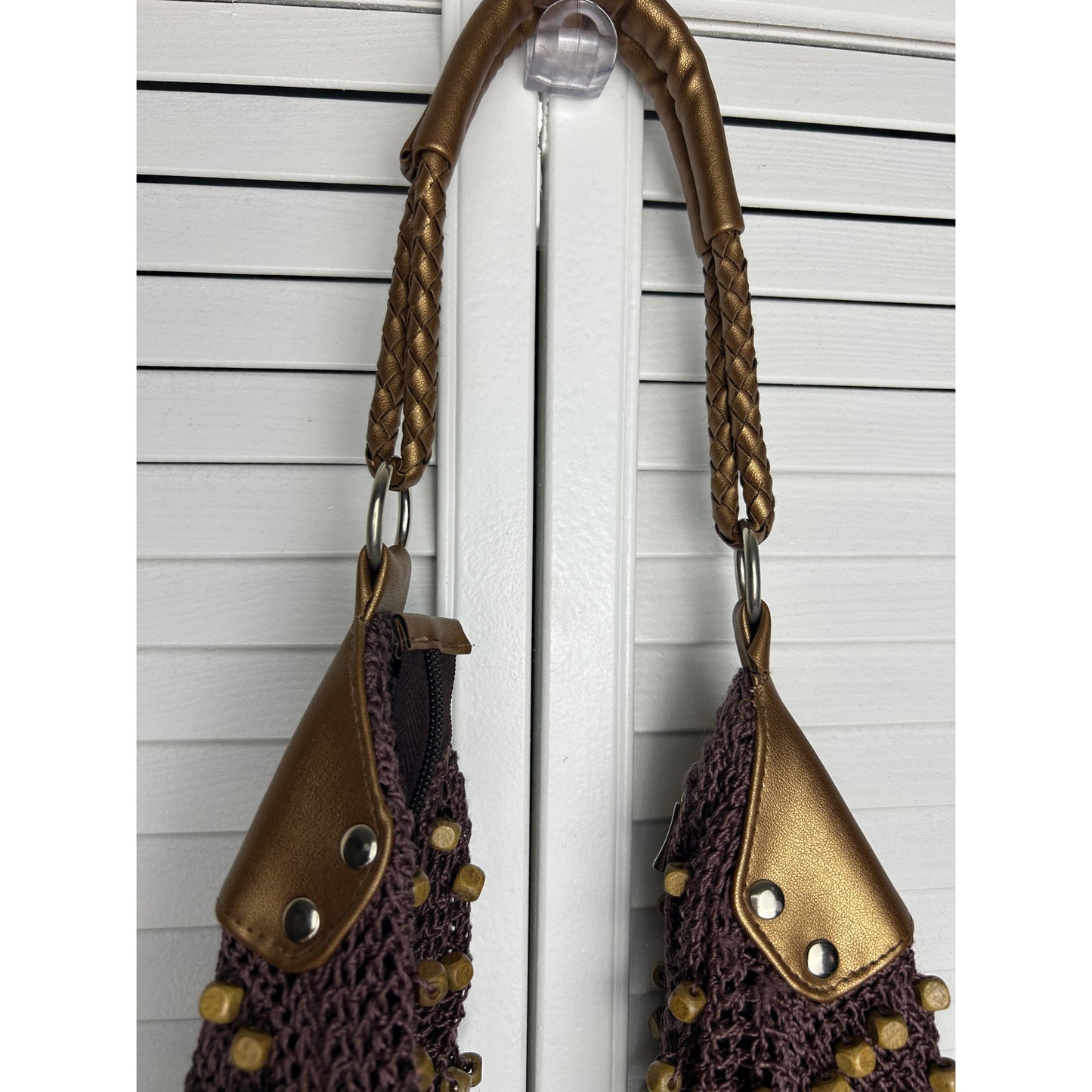 Boho crochet market bag wood bead tote brown earthy festival slouchy purse