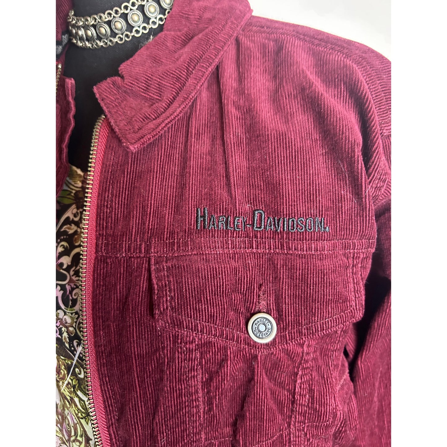 Harley Davidson Burgundy Corduroy Cropped Jacket Moto Biker Y2K Size S/M