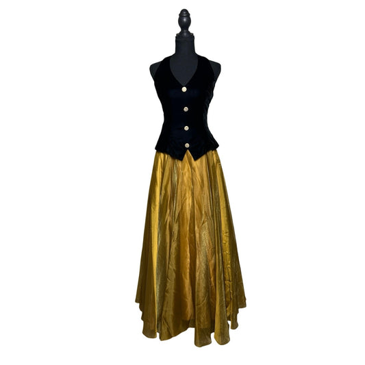 ✨ Michaelangelo Samt- & Goldtaftkleid – Westendetail mit Kristallknöpfen