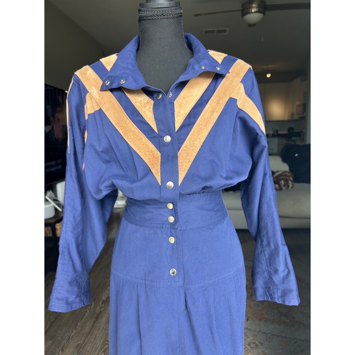 80s euro western dress suede and cotton patchwork MASS paris size s