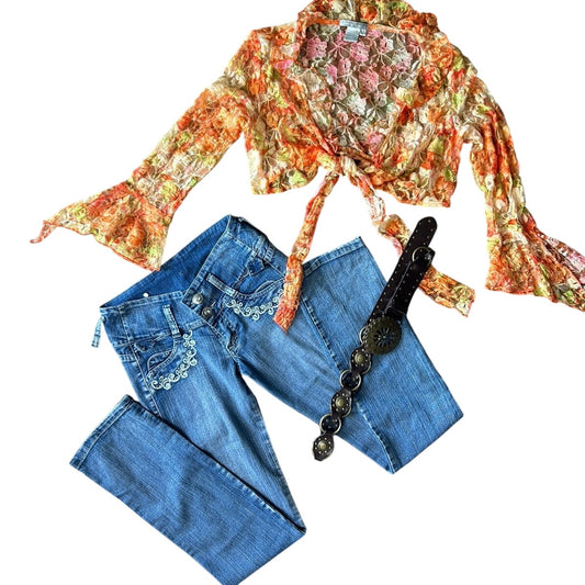 Y2K lowrise Embroidered Brazilian bareback flare jeans 26/32