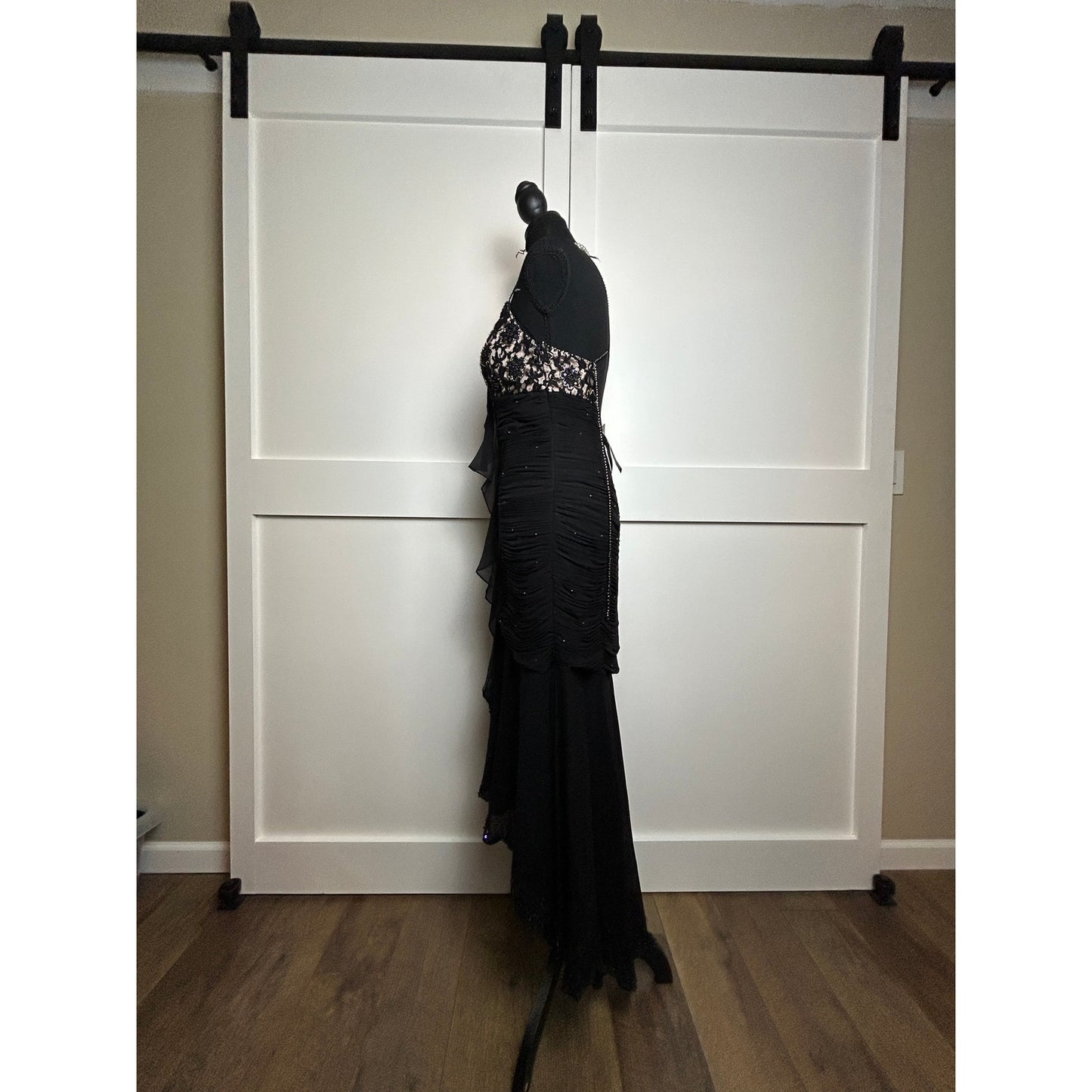 Deadstock Black Embellished Chiffon Fishtail Dress 🖤 Coquette After Dark Tan Lining Gothic Glam