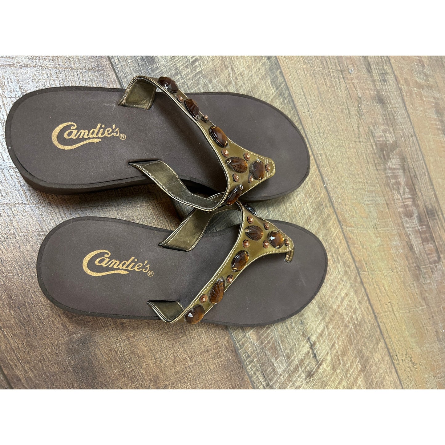 Y2K Candie’s Brown Platform Flip Flops Gem Embellished Indie Sleaze Size 6/7