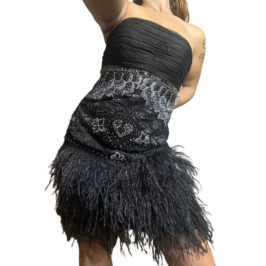 Sue Wong cocktail dress beaded silk ostrich, feather size medium