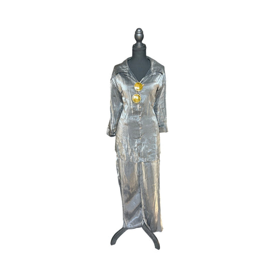 Vintage 70s Iridescent Disco Pant Set Gray Oversized Shirt + Tailored Pants XS