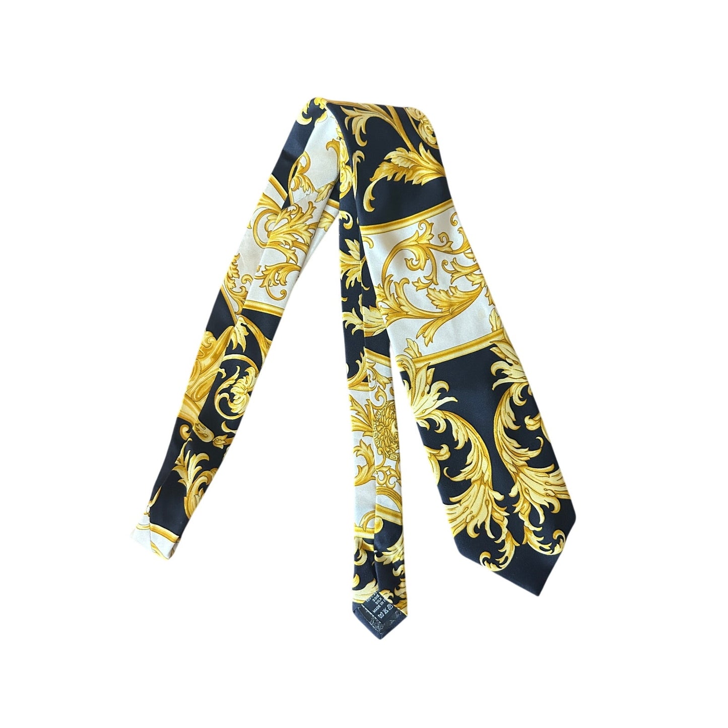 🖤💛 Vintage Couture Seidenkrawatte Barock – Ära 1992/93 – Schwarz-Gold-Print