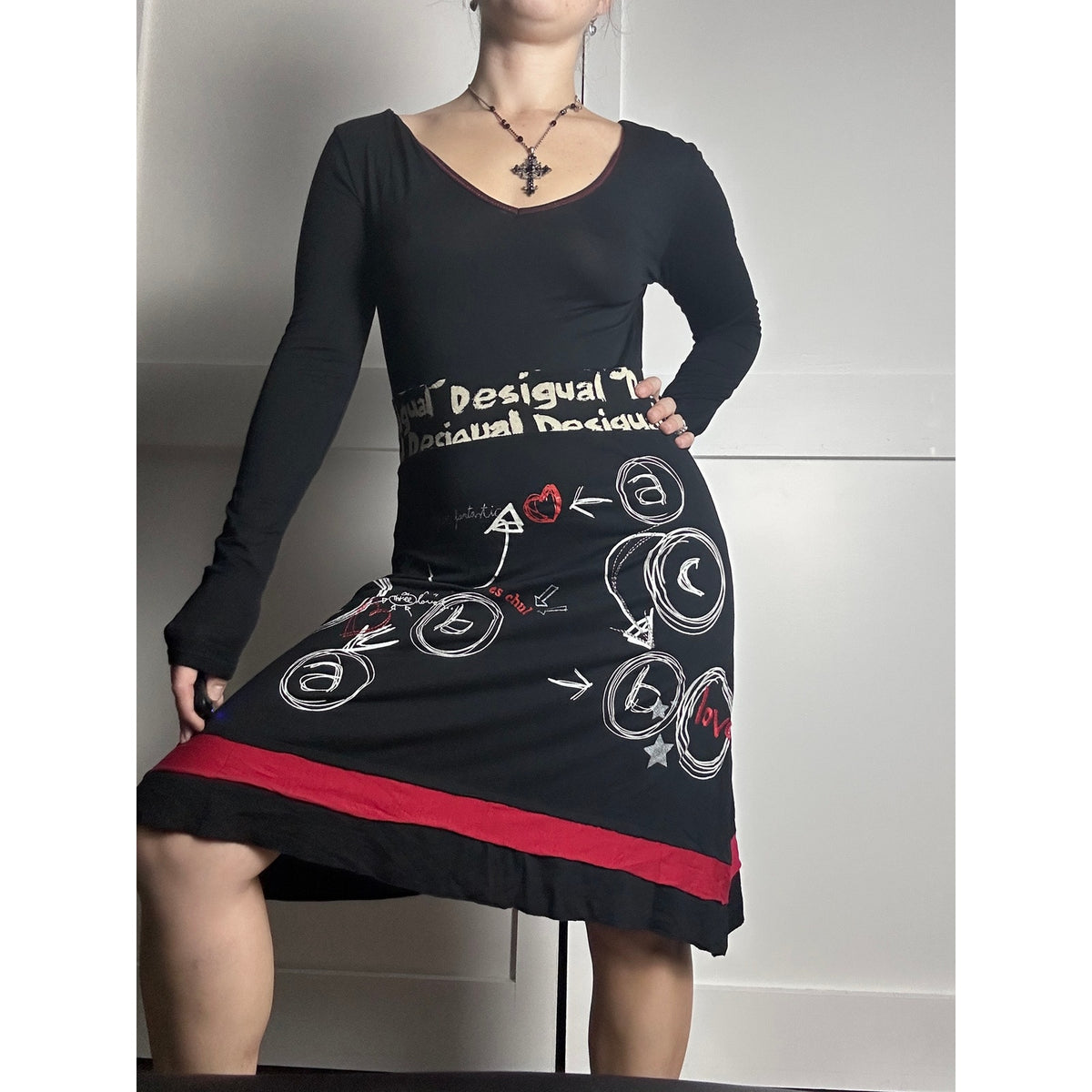 Desigual Bamboo Layered Fit & Flare Dress Size S | Euro Grunge Y2K Long Sleeve Fall Dress