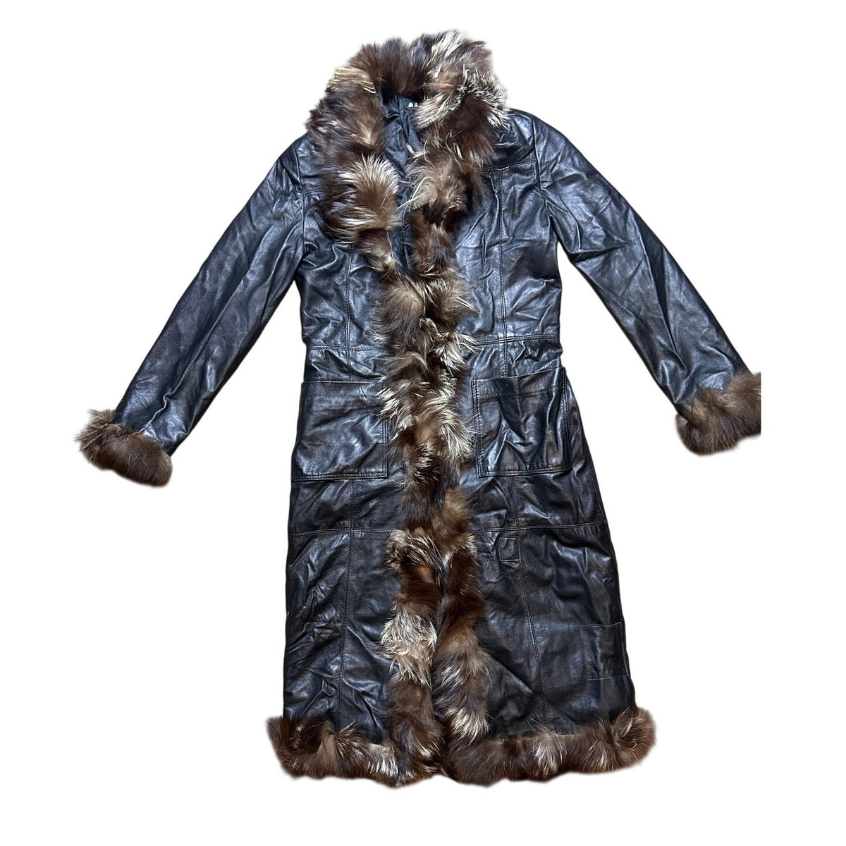 Vintage Italian Leather Penny Lane Coat Black Genuine Leather Fox Fur Trim Long Y2K