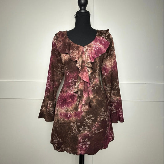 Y2K Sienna Grace Fairycore Top L Brown Pink Flutter Sleeve Slit Tunic