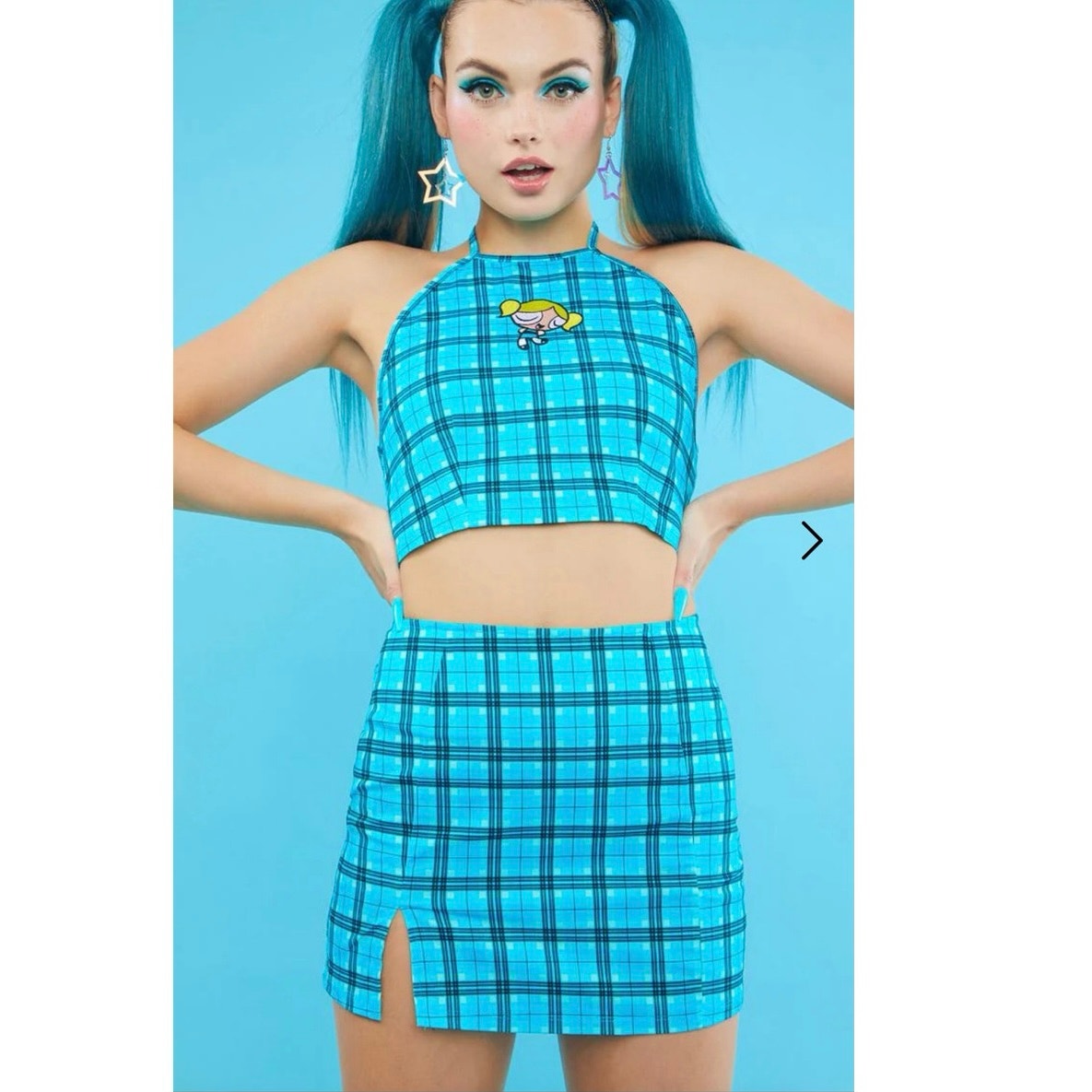 dolls kill bubbles plaid halter and mini skirt set size L