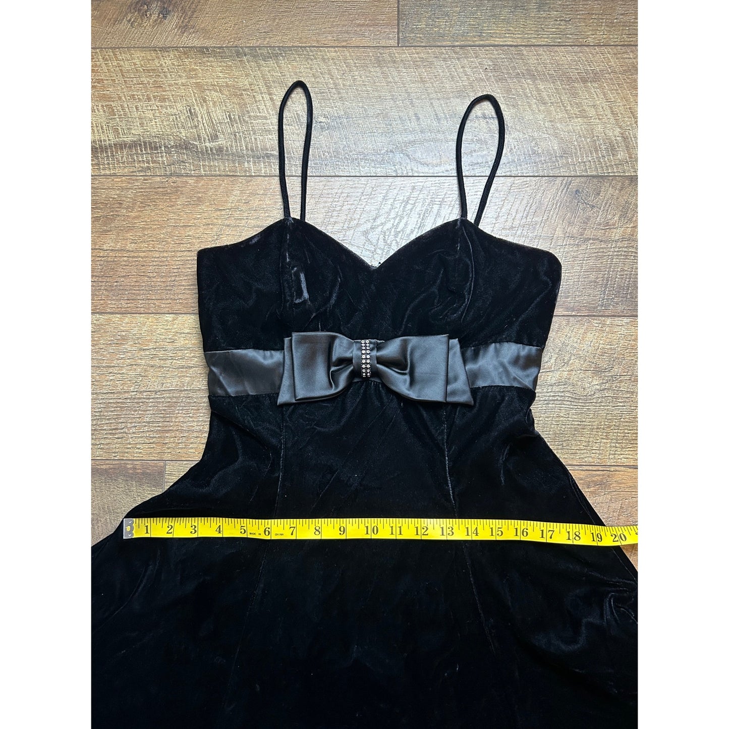 Scarlet Nite a-line velvet cocktail dress with bow and rhinestone details