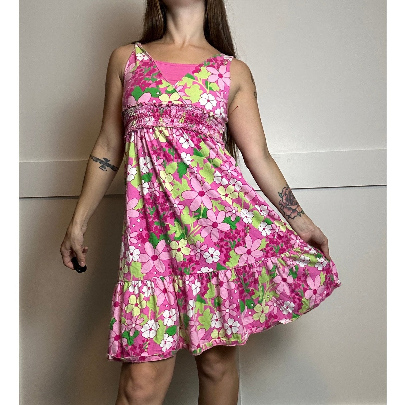 y2k babydoll dress y2k pink and green floral print by justice size 14