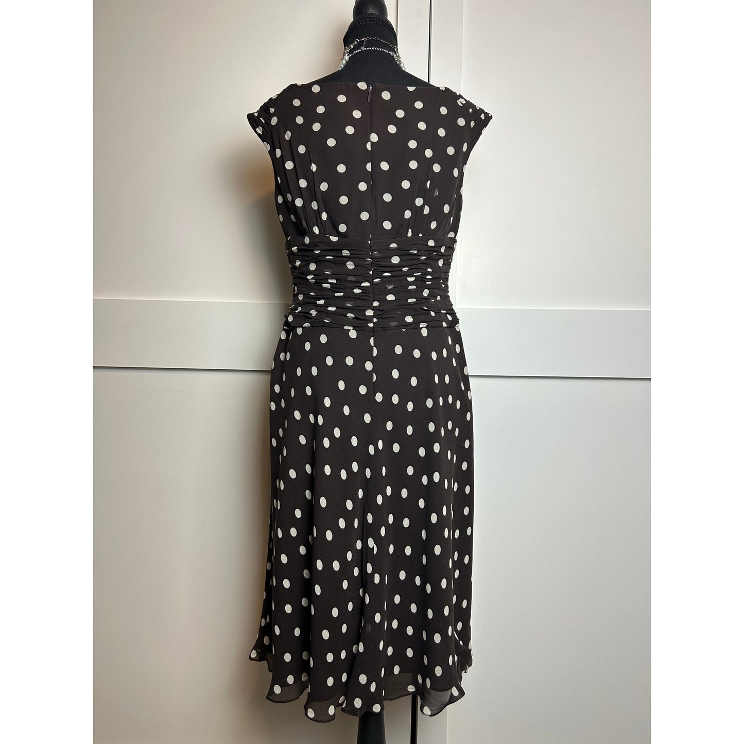 Robe Adrianna Papell 100 % Soie Western à Pois 10P Marron Chocolat Longueur Midi