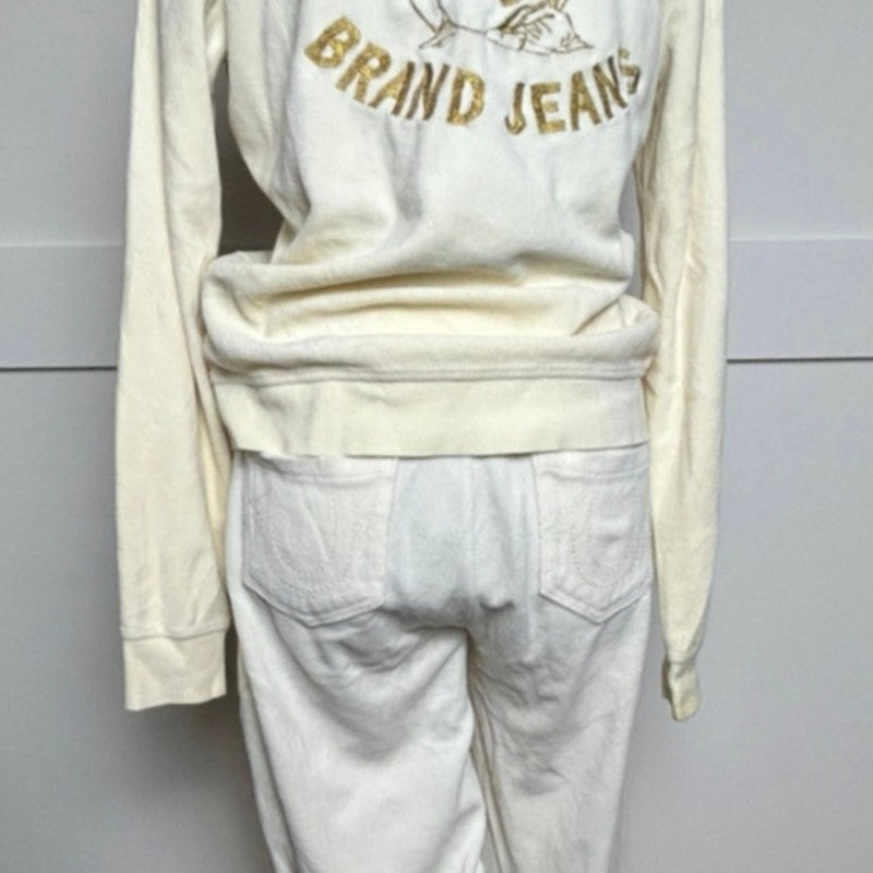 True Religion Cream Gold Embroidered Tracksuit Set Velour Y2K Hoodie Joggers L XL