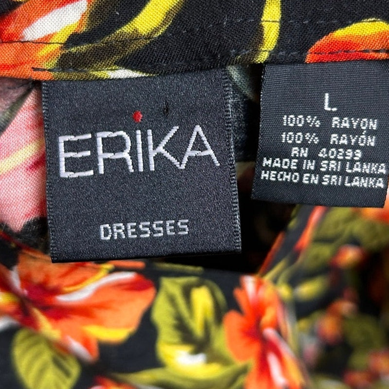 Vintage Erika 90s Orange Green Hibiscus Rayon Button Down Maxi Dress L