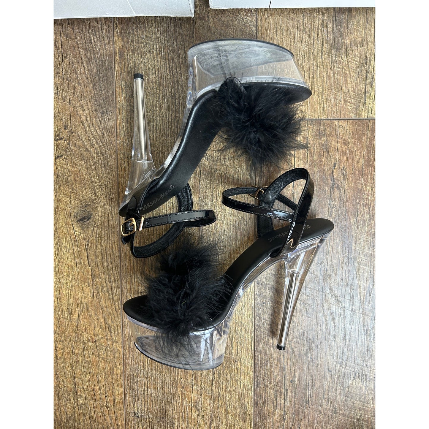 Miss Heel Clear Platform Feather Slingback Heels Size 38 Y2K Strappy Party Shoes