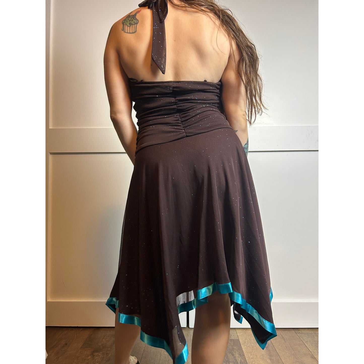y2k fairy hem halter neck sparkly brown and blue dress