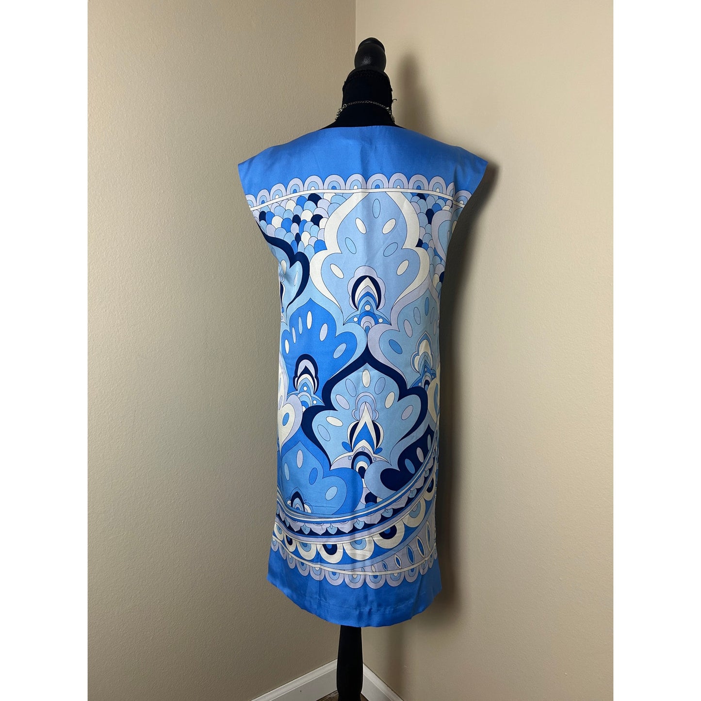 j mclaughlin cassidy aquarius print blau mod shift dress xs 60er jahre u-boot-ausschnitt sackkleid coastal chic resort