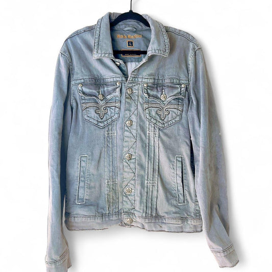 Veste en jean Rare Rock Revival – Style Y2K Broderies Surpiqûres Épaisses Effets Usés Veste de camionneur motard