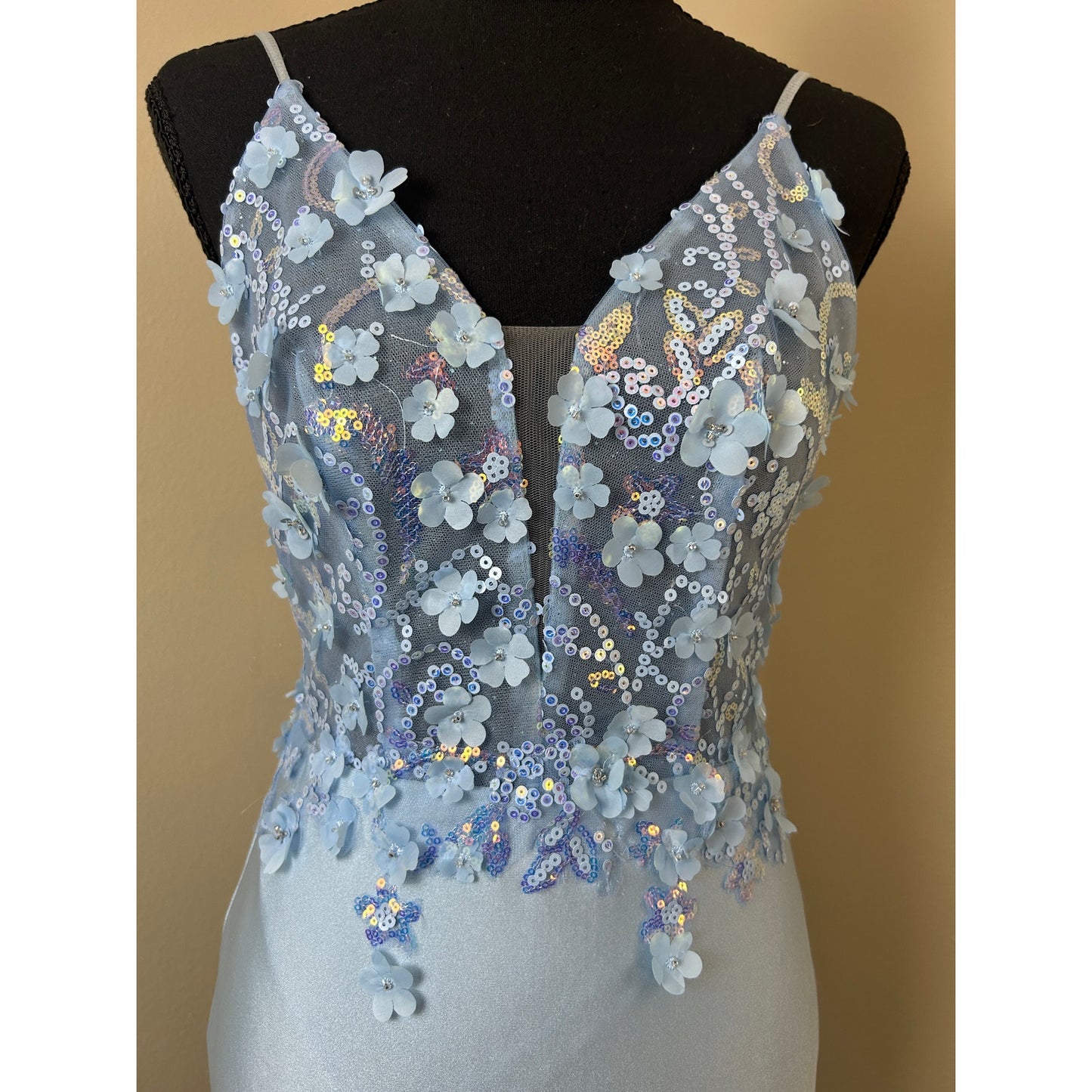 y2k baby blue floral prom dress side slit train fairytale coquette formal gown