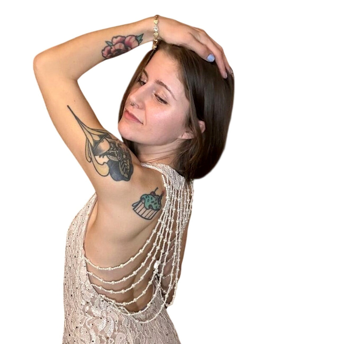 Champagne Beaded Mermaid Dress Open Back Necklace Detail Met Gala Edit