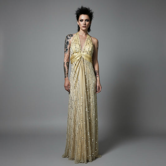Gold sequin halter neck dress