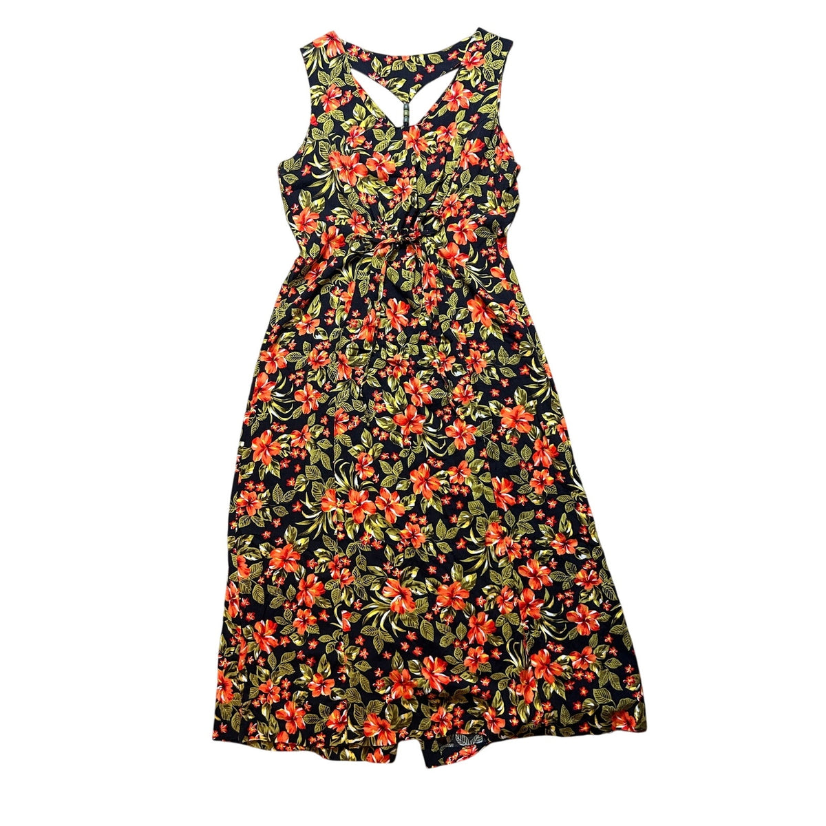 Vintage Erika 90s Orange Green Hibiscus Rayon Button Down Maxi Dress L