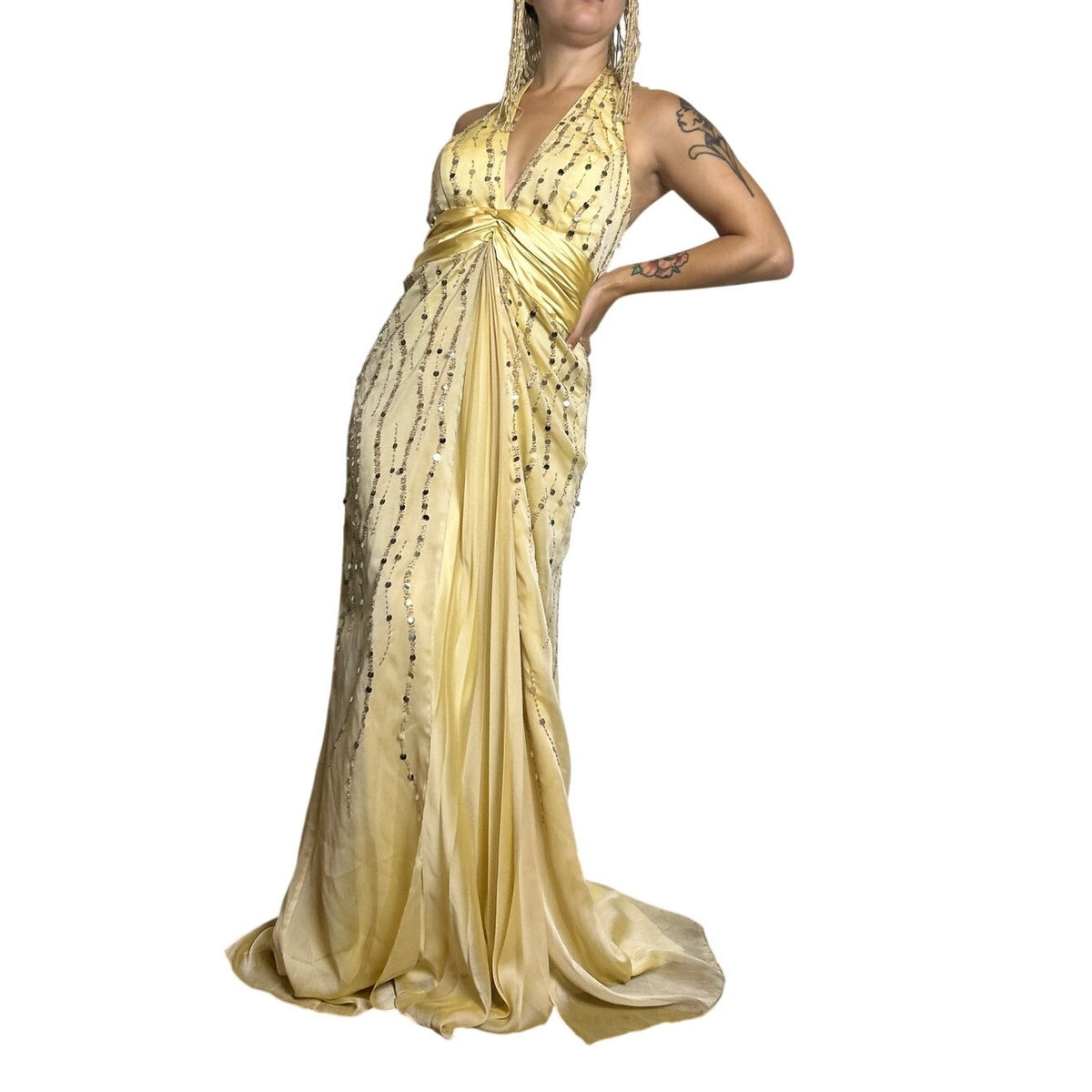 Y2K Gold Sequin Halter Dress Size 6 Formal Party Dress 2000s