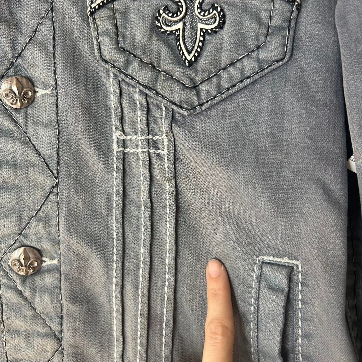 Rare Rock Revival Denim Jacket – Y2K Embroidered Thick Stitch Distressed Trucker Biker Jean Jacket