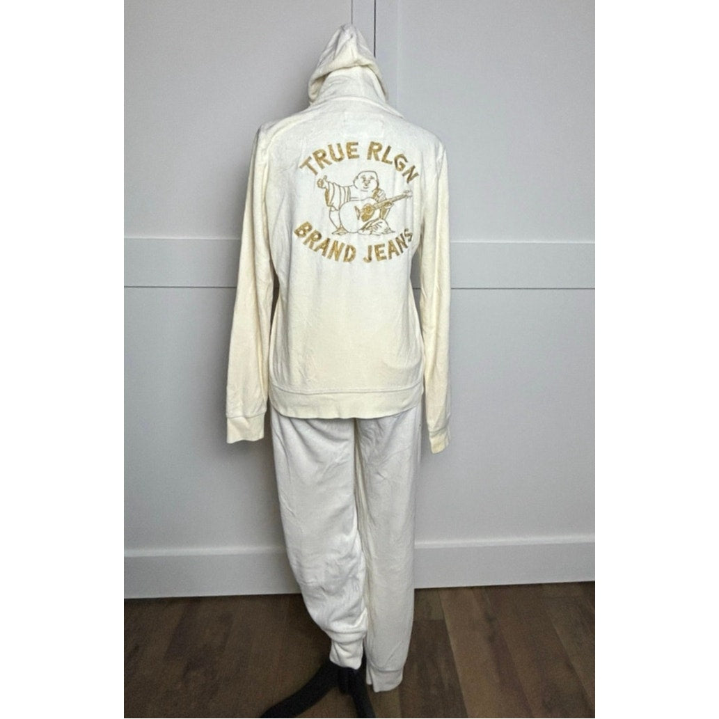 True Religion Cream Gold Embroidered Tracksuit Set Velour Y2K Hoodie Joggers L XL