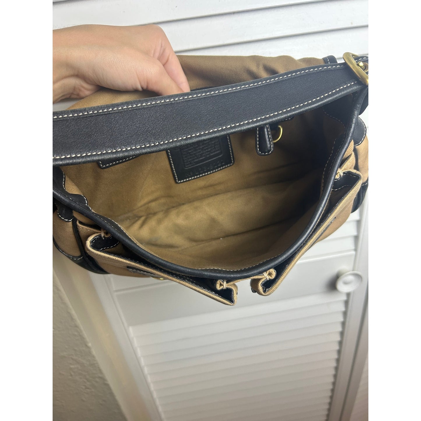Coach 9121 Tan Canvas & Black Leather Messenger Bag Y2K Crossbody Retro Minimalist