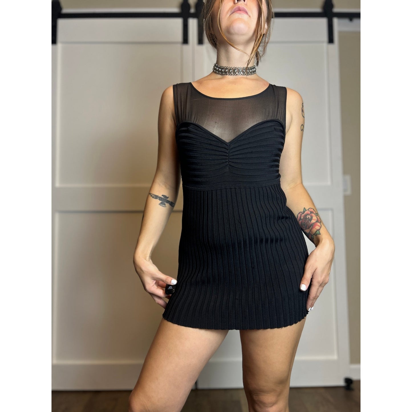 cache silk sweetheart  illusion neckline ribbed knit shirt size m