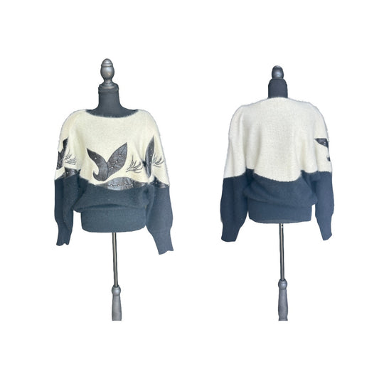 Erez lambswool, angora, leather patch sweater black and white size large