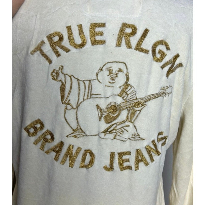 True Religion Cream Gold Embroidered Tracksuit Set Velour Y2K Hoodie Joggers L XL