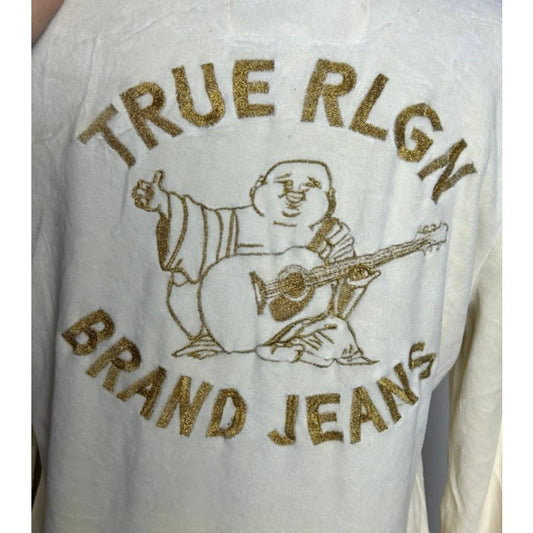 True Religion Cremefarbenes Gold Besticktes Trainingsanzug Set Velours Y2K Hoodie Jogginghose L XL