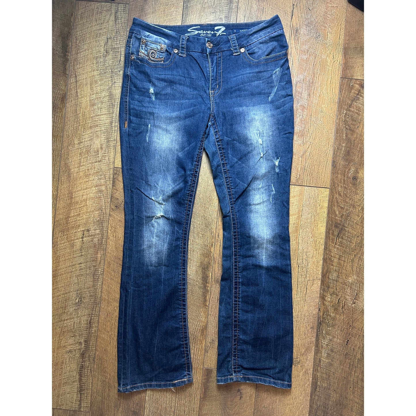 Seven For All Mankind Slim Boot Jeans Medium Wash Faded Denim Size 12