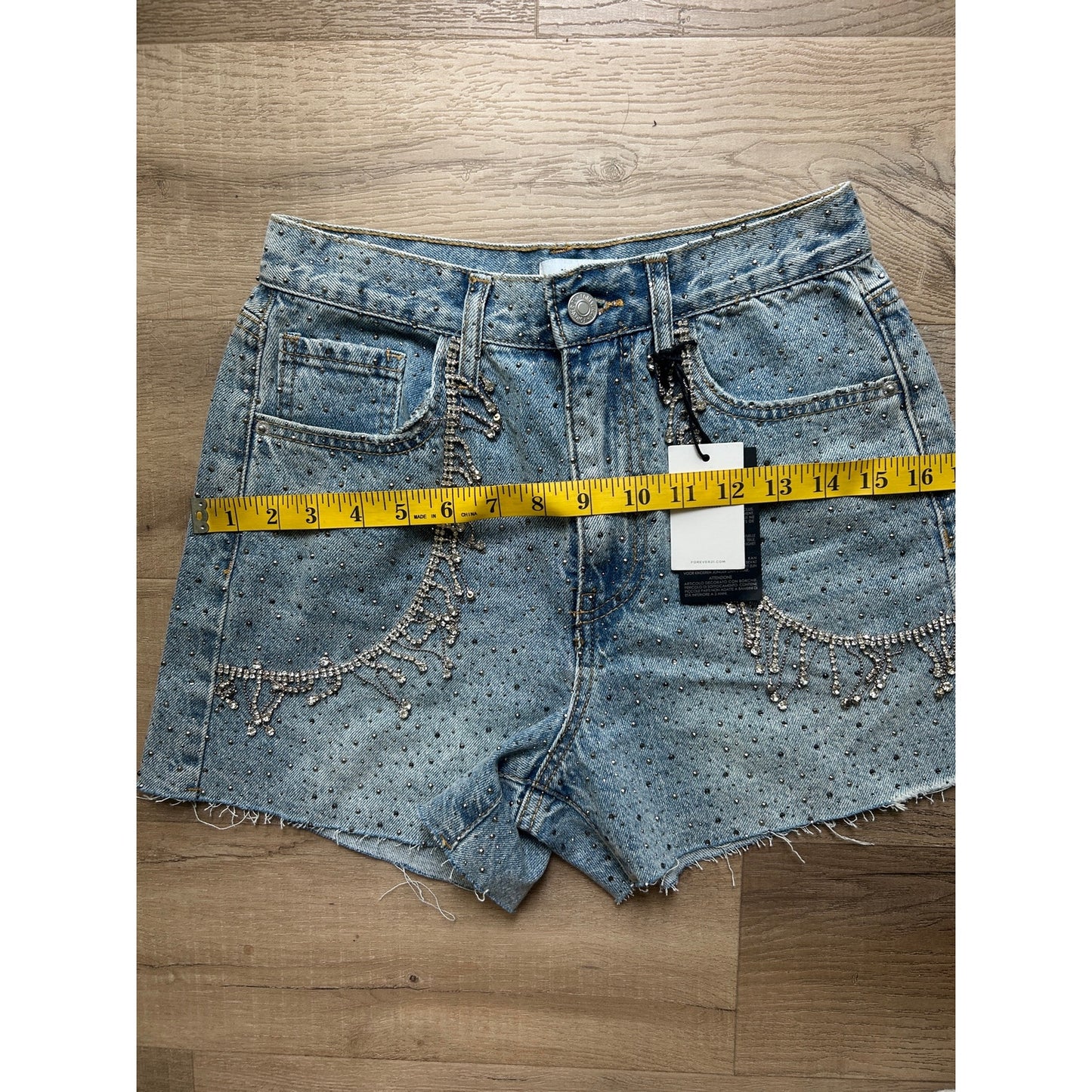 nwt forever 21 rhinstone fringe cutoff shorts light wash denim