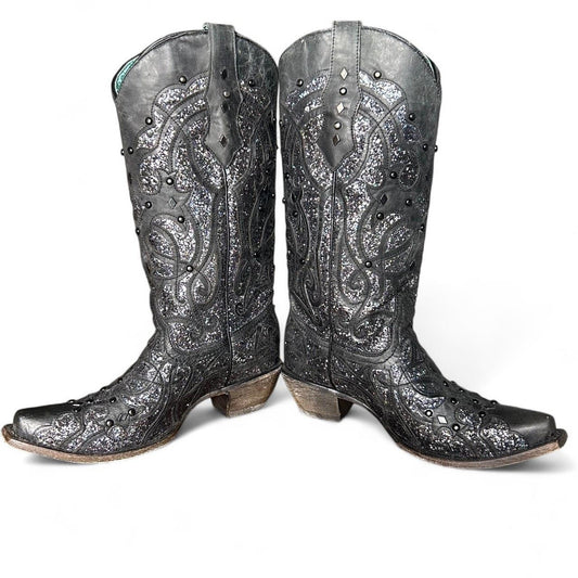 ✨ Free People Vibes – Corral Black & Silver Glitter Festival Stiefel Größe 37,5