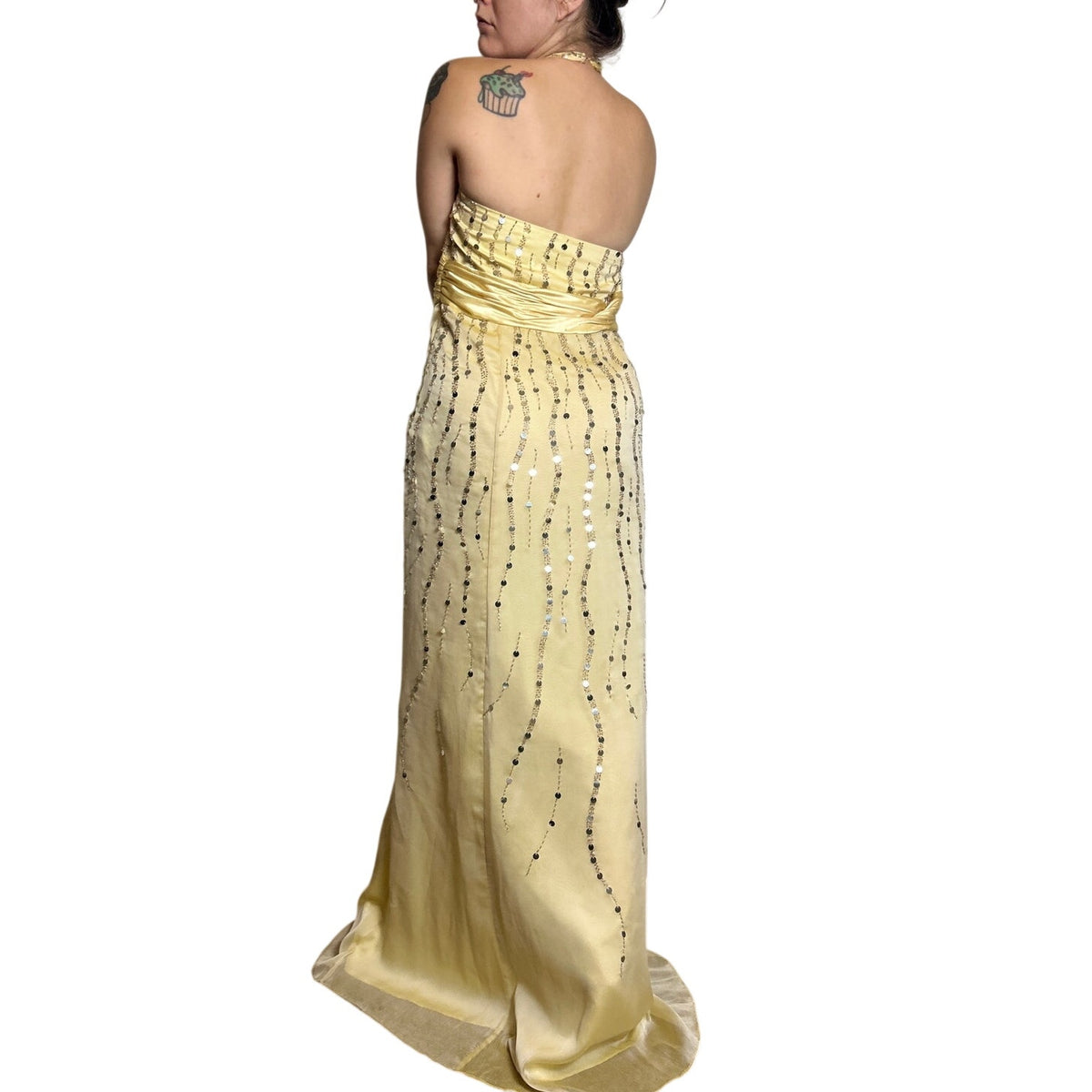 Y2K Gold Sequin Halter Dress Size 6 Formal Party Dress 2000s