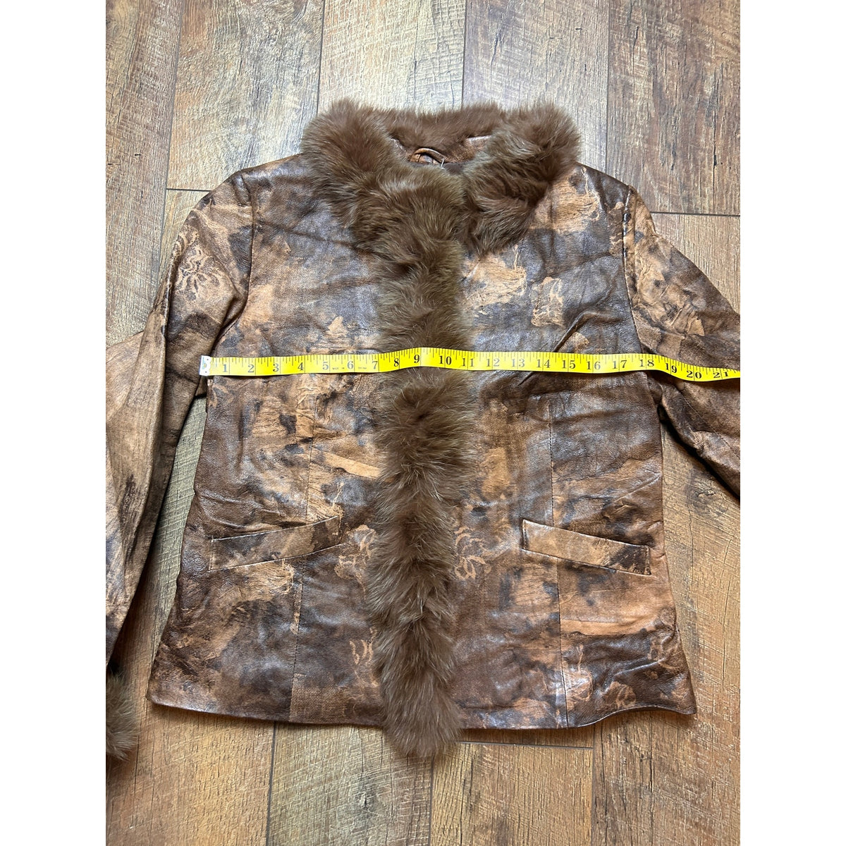 Y2K Chocolate Brown Leather Jacket Printed Euro Style Rabbit Fur Trim Zip Up XS S
