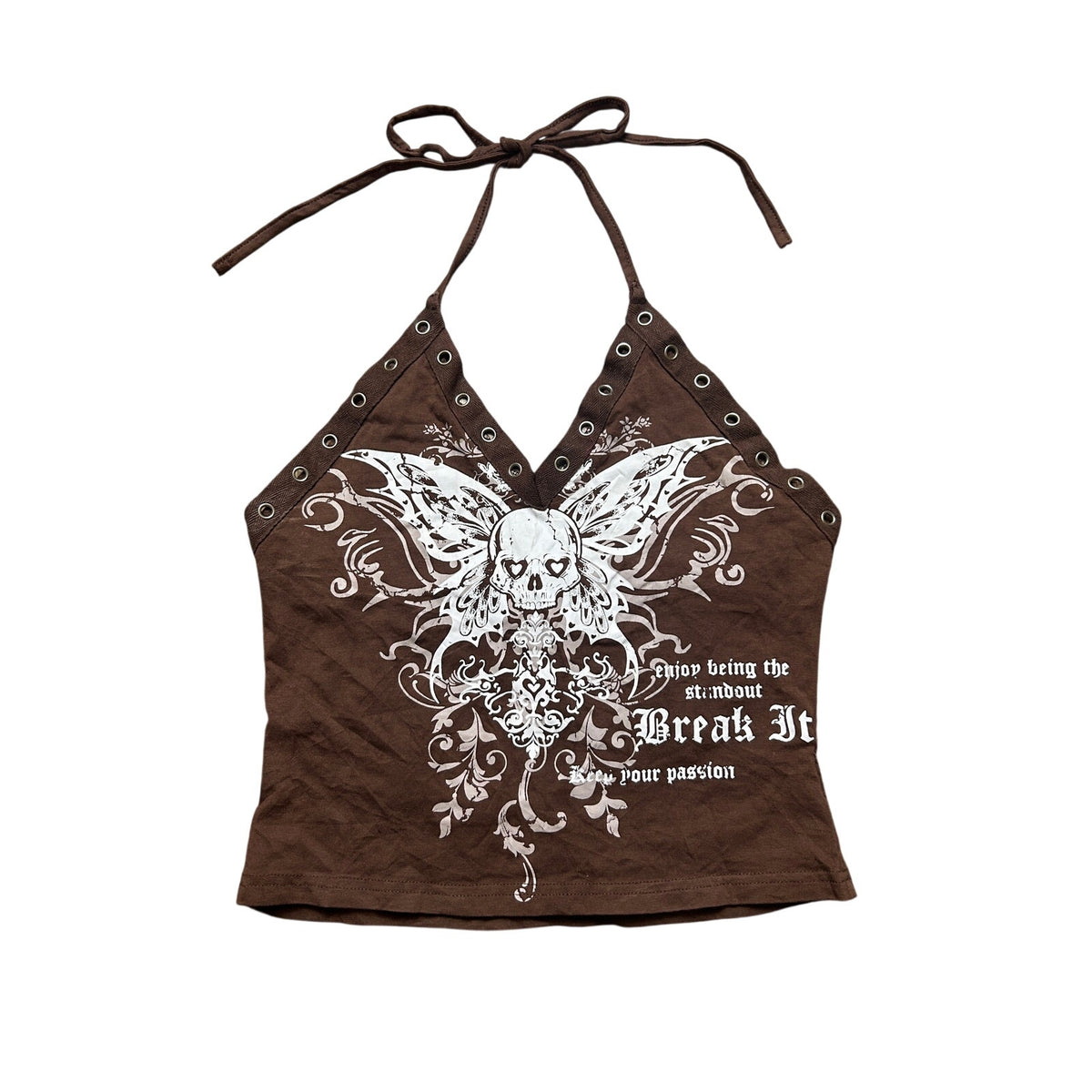 Indie Sleaze Grommet Skull Graphic Halter Top — S