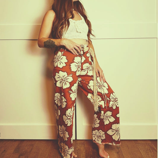pantalon en twill imprimé hibiscus billabong free fall orange blanc y2k style plage t. 27 neuf avec étiquette