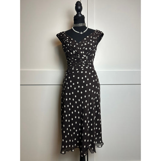 Adrianna Papell 100% Seide Western-Punkte-Kleid 10P Schokoladenbraun Midi