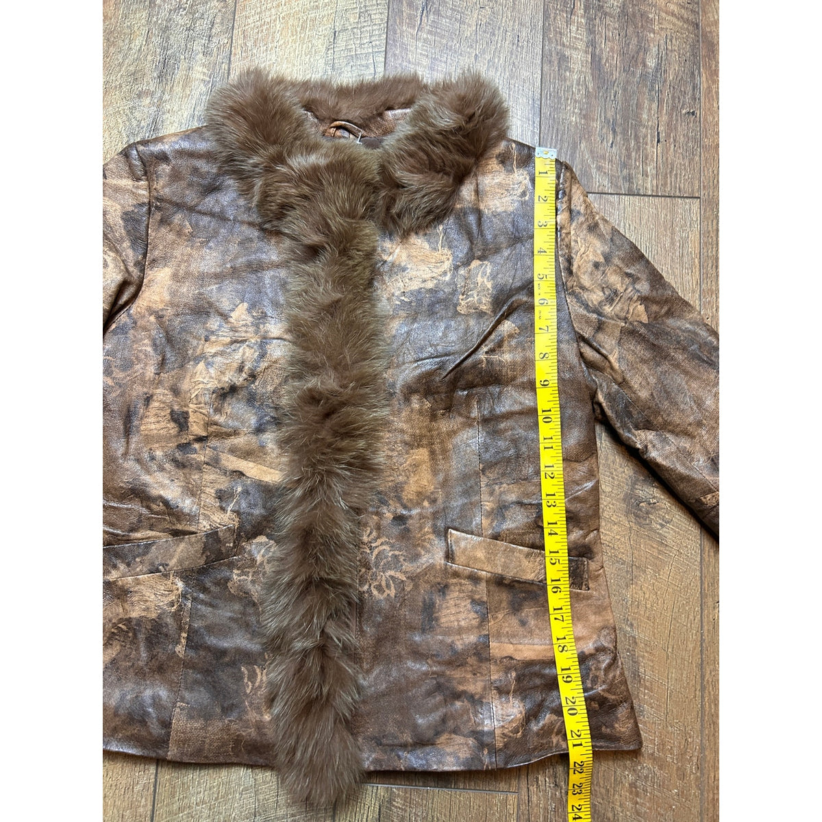 Y2K Chocolate Brown Leather Jacket Printed Euro Style Rabbit Fur Trim Zip Up XS S