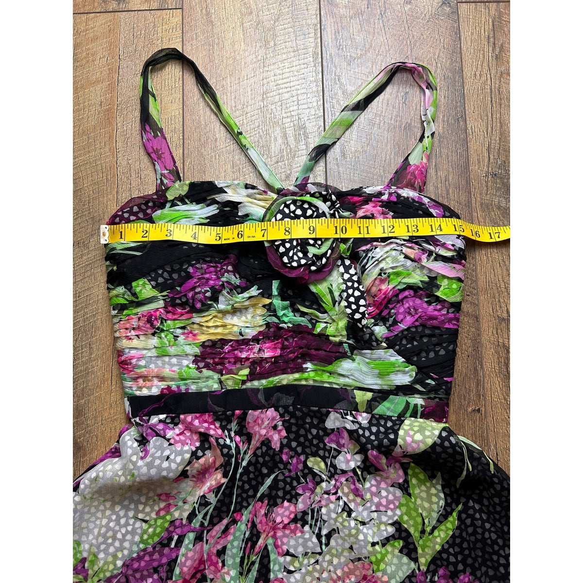 bryan bradley chiffon silk polka dot, floral silk dress perfect for homecoming size 6