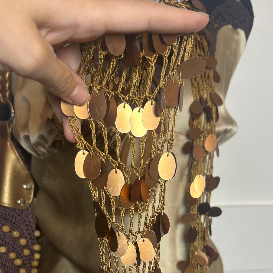 oho Mermaid Pailletten Häkeln Schal Karamell Viskose Fransen Festival Y2K Layering Wickeltuch